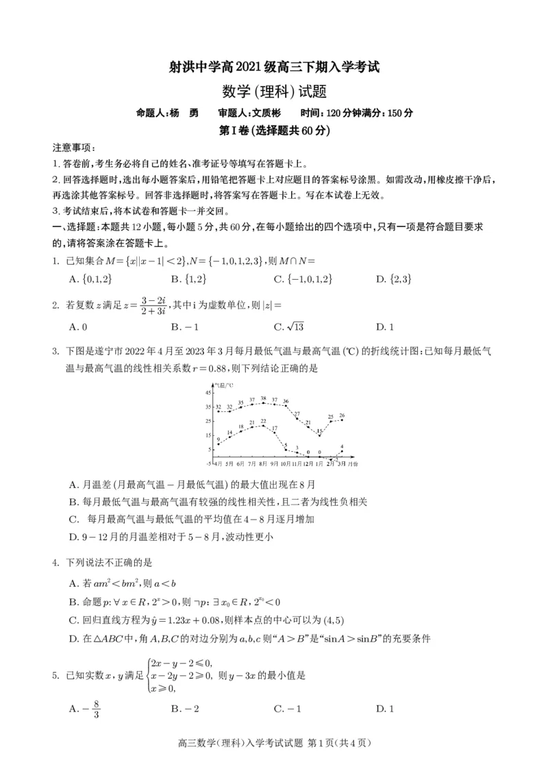 数学（理科）_2024年2月_01每日更新_29号_2024届四川省射洪中学高三下学期开学考试_四川省射洪中学2023-2024学年高三下学期开学考试数学（理）PDF版含答案（可编辑）