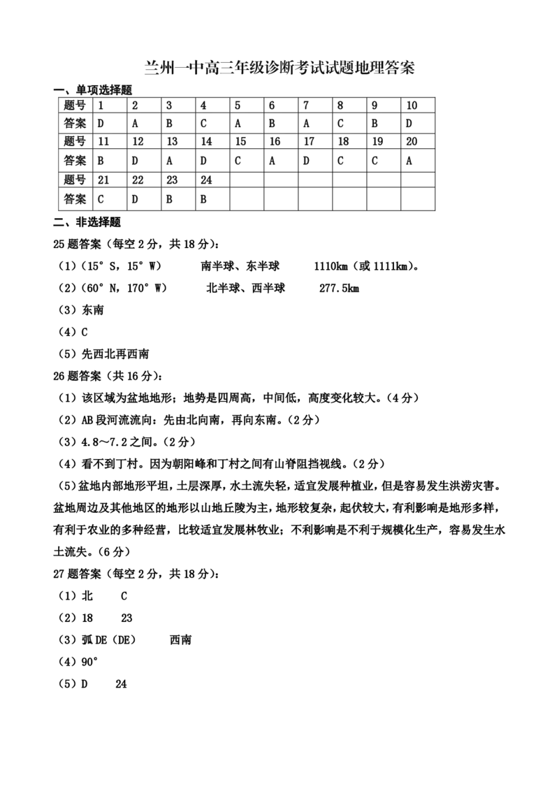 2024-2025-1学期开学诊断考试参考答案（高三地理）_2024-2025高三（6-6月题库）_2024年09月试卷_0910甘肃省兰州第一中学2024-2025学年高三上学期开学考试