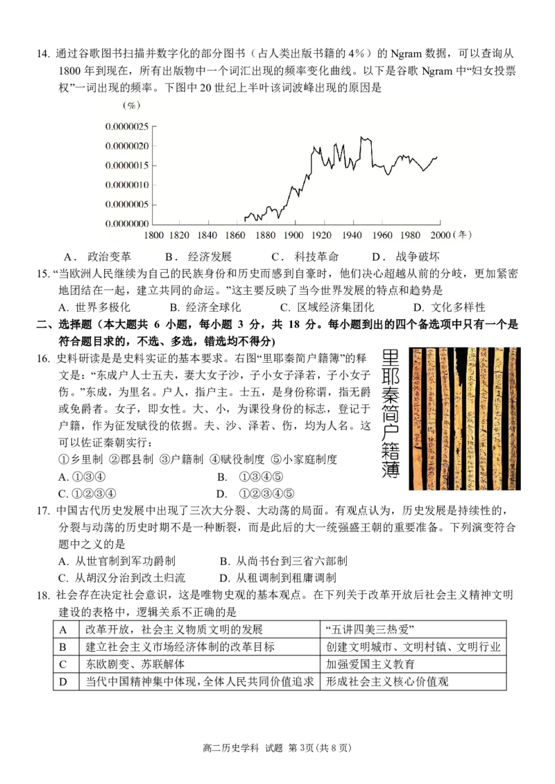历史试卷_2024-2025高二（7-7月题库）_2024年12月试卷_1223浙江省丽水五校高中发展共同体期中高二2024-2025学年联考