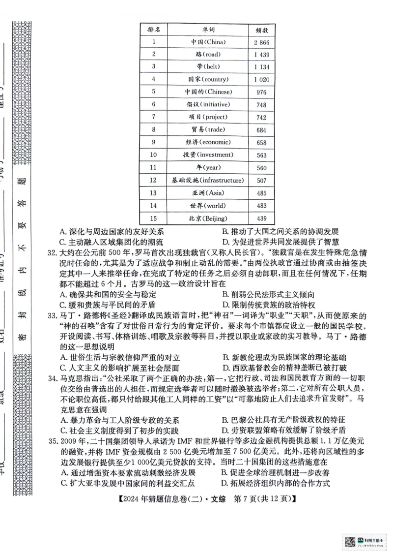 文科综合试题_2024年5月_01按日期_25号_2024届高三下学期高考猜题信息卷（二）_2024届高三下学期高考猜题信息卷（二）文综试题