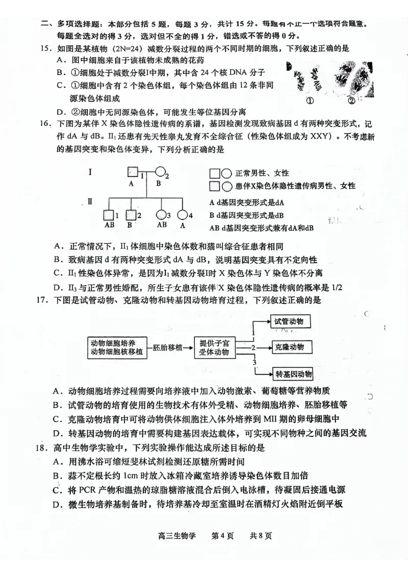 江苏省如皋市2024年高三下学期1.5模考试生物试题_2024年3月_013月合集_2024届江苏省南通市高三第一次适应性调研考试（南通1.5模）