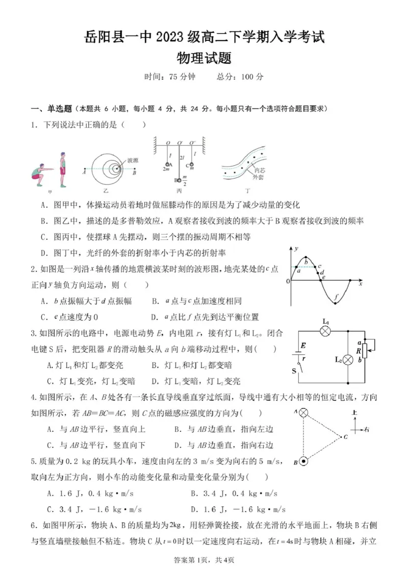 入学考试物理试题_2024-2025高二（7-7月题库）_2025年03月试卷_0303湖南省岳阳市岳阳县第一中学2024-2025学年高二下学期开学考试试题