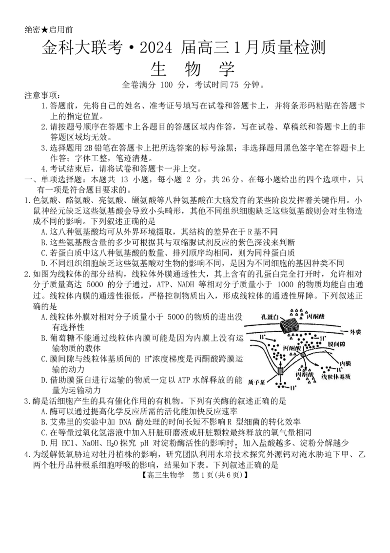 河北省金科大联考2024届高三上学期1月质量检测生物(1)_2024年2月_022月合集_2024届河北省金科大联考高三上学期1月质量检测