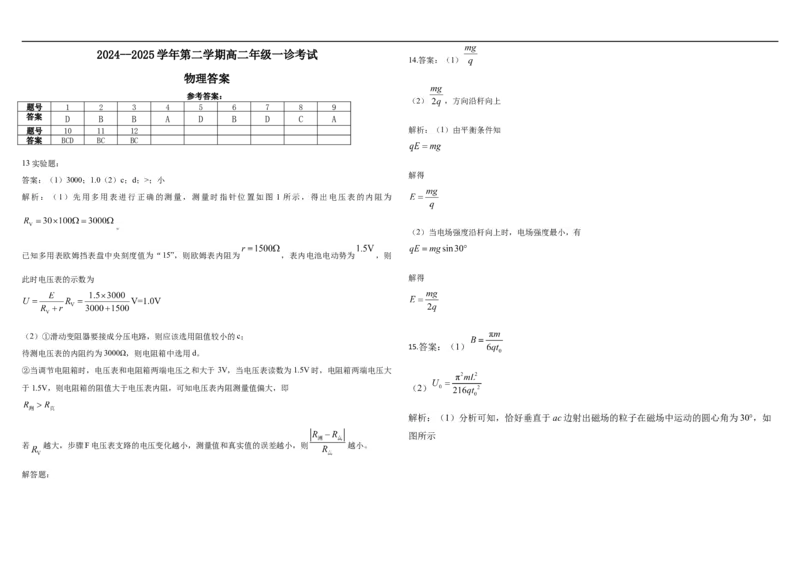 2024--2025学年第二学期高二年级一诊考试物理答案_2024-2025高二（7-7月题库）_2025年02月试卷_0228内蒙古自治区巴彦淖尔市第一中学2024-2025学年高二下学期第一次学业诊断