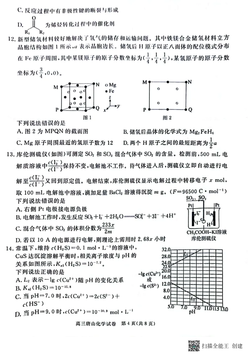 2025届河北省唐山市高三下学期二模化学试卷_2024-2025高三（6-6月题库）_2025年04月试卷_04262025届河北省唐山市高三二模（全科）_2025届河北省唐山市高三下学期二模化学试卷