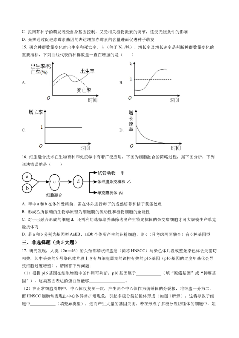 湖南省长沙市雅礼中学2022-2023学年高三月考（七）生物试题（原卷版）_2024年2月_01每日更新_13号_2023届湖南省长沙市雅礼中学高三下学期月考（七）全科