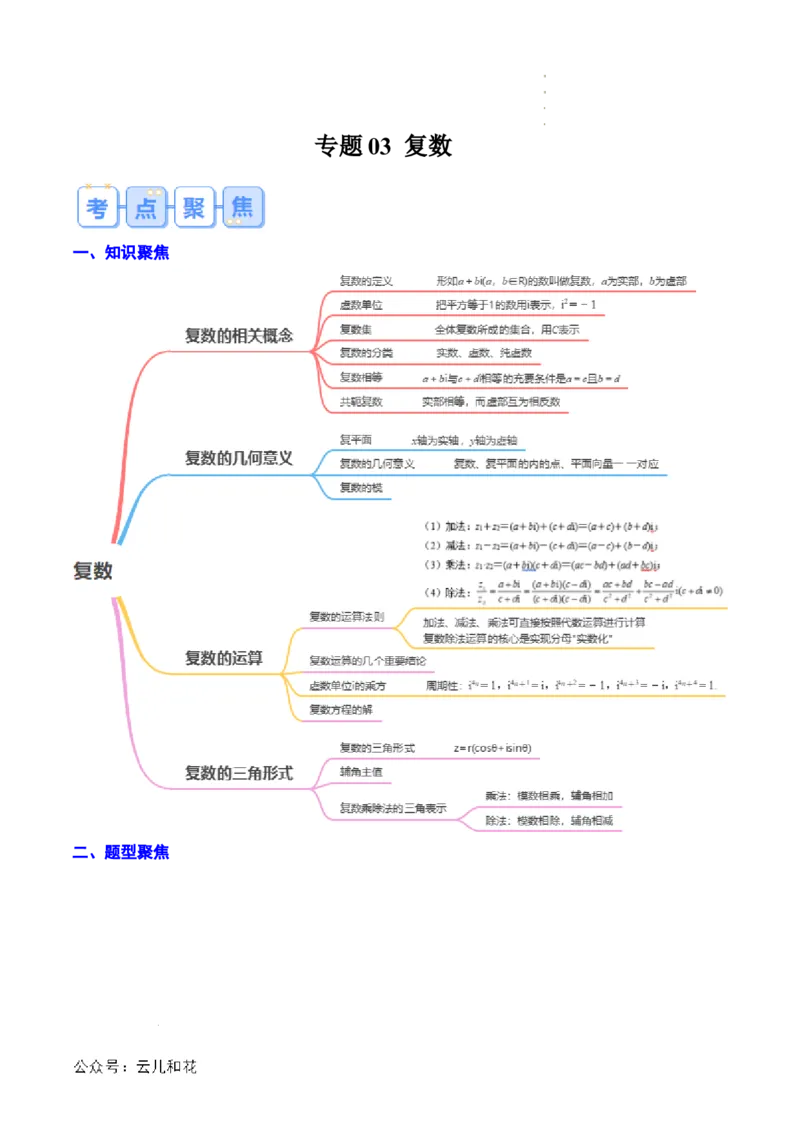 专题03复数（思维导图+知识串讲+10题型+过关检测）（原卷版）_2024-2025高二（7-7月题库）_0708暑假自学课2024年新高二数学暑假提升精品讲义7.10新增