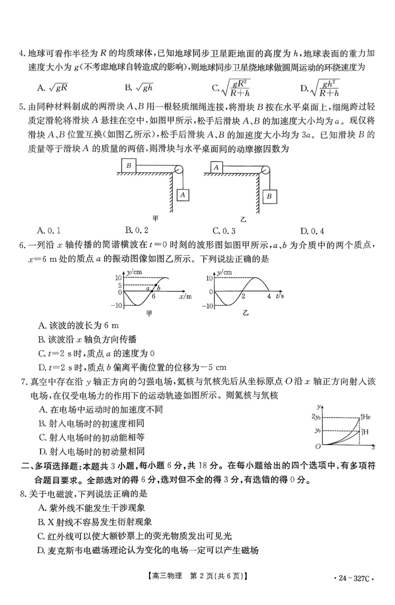 物理_2024年2月_01每日更新_06号_2024届河北省部分重点高中高三上学期期末金太阳考试（24-327C）_河北省部分重点高中2024届高三上学期期末金太阳考试（24-327C）物理