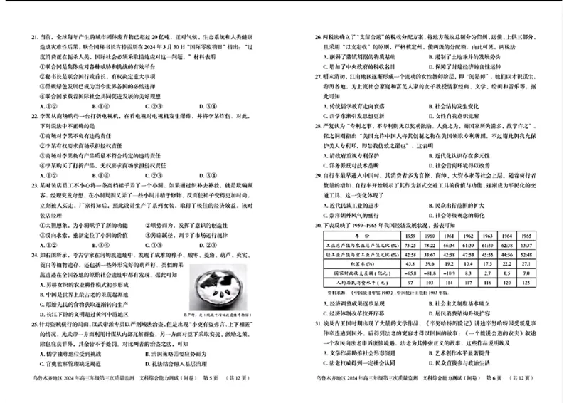 新疆乌鲁木齐地区2024年高三年级第三次质量（三模）文科综合_2024年4月_01按日期_30号_2024届新疆乌鲁木齐地区高三下学期第三次质量监测