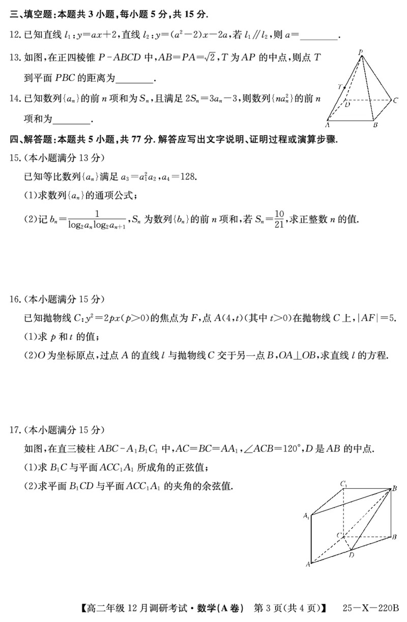 26届高二年级TOP二十名校12月调研考试数学（人教A）试卷_2024-2025高二（7-7月题库）_2024年12月试卷_1220河南省新高中创新联盟TOP二十名校2024-2025学年高二上学期12月调研考试