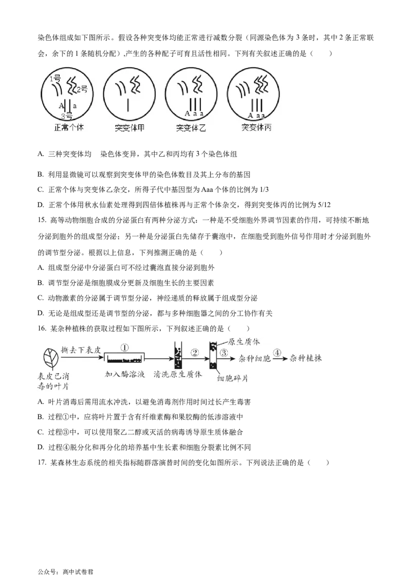 浙江省9+1联盟2024届高三下学期3月联考生物试题（原卷版）_2024年4月_01按日期_3号_2024届浙江省9+1联盟高三下学期3月模拟预测_浙江省9+1高中联盟2023-2024学年高三下学期3月联考生物