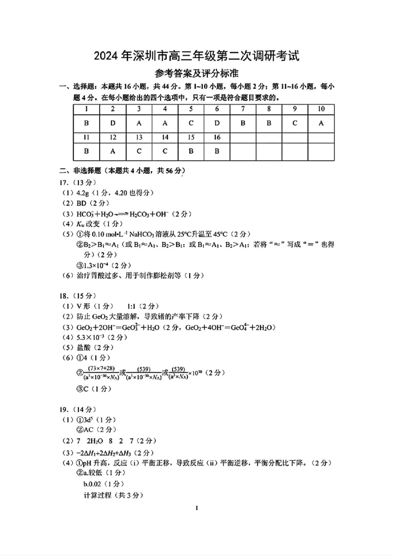 深圳二模化学答案_2024年4月_01按日期_29号_2024届广东省深圳市高三年级第二次调研考试_2024届广东省深圳市高三年级第二次调研考试化学