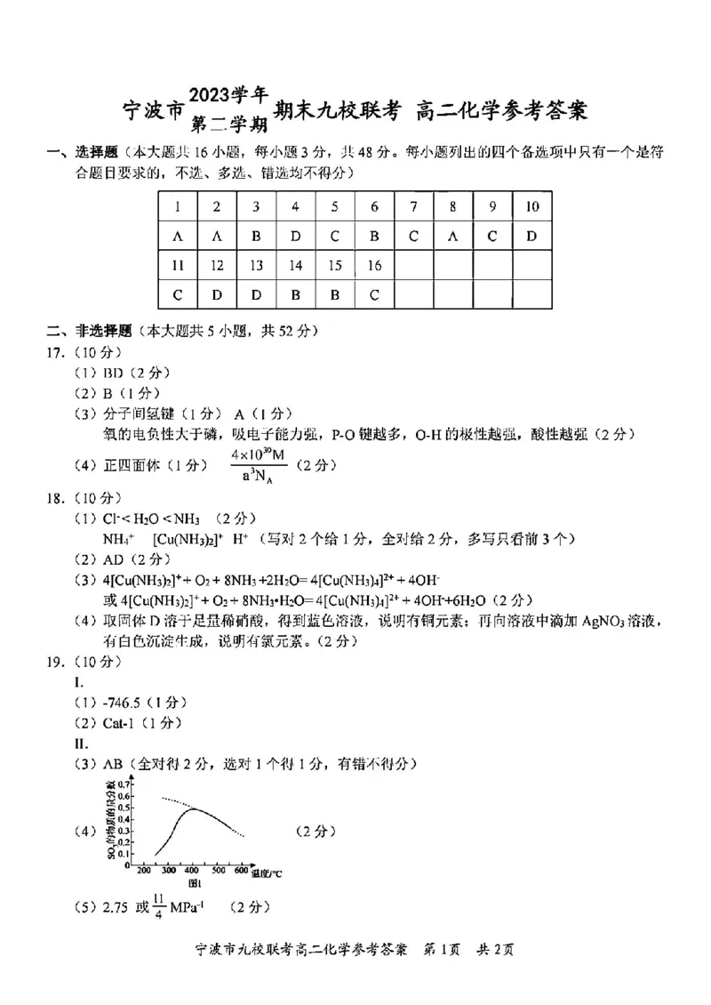 化学答案-2406宁波九校高二期末_2024-2025高二（7-7月题库）_2024年07月试卷_0703浙江省宁波市九校2023-2024学年高二下学期6月期末_浙江省宁波市九校2023-2024学年高二下学期6月期末化学