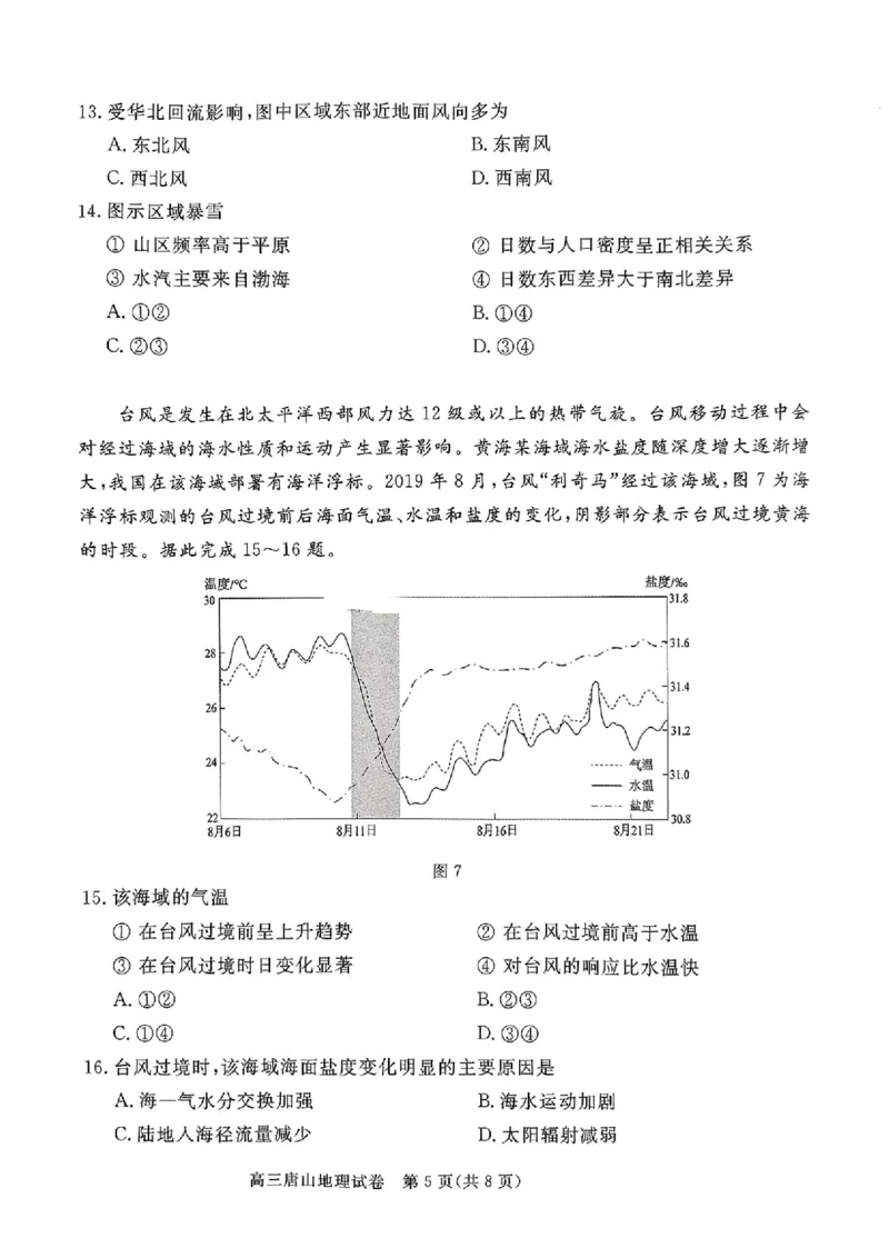 2025年唐山市高三二模-地理+答案_2024-2026高三（6-6月题库）_2025年04月试卷_04262025届河北省唐山市高三二模（全科）_2025届河北省唐山市高三下学期二模地理试卷
