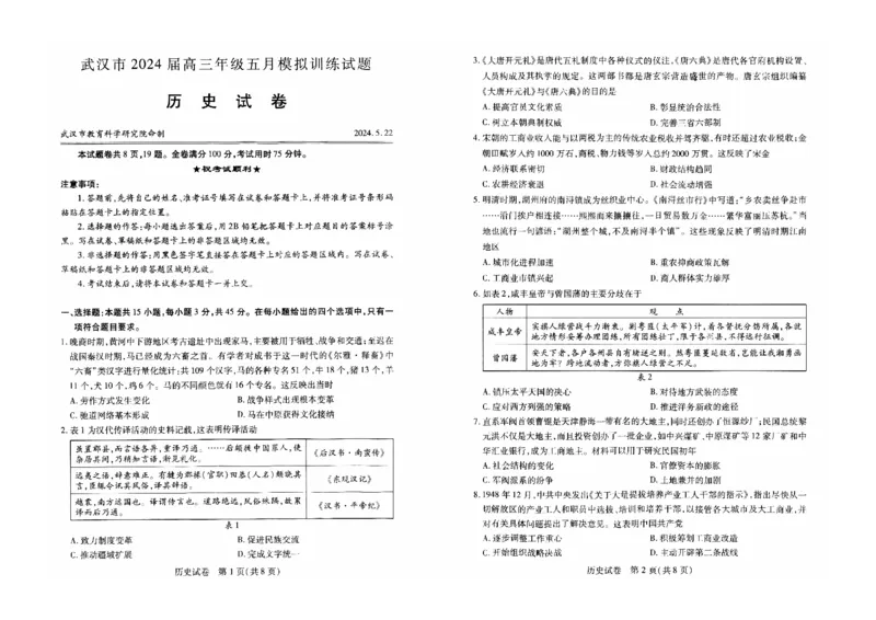 湖北卷湖北省武汉市2024届高三年级下学期五月模拟训练试题(武汉五调)(5.21-5.23)历史试卷_2024年5月_01按日期_25号_2024届湖北省武汉市高三五月模拟训练试题