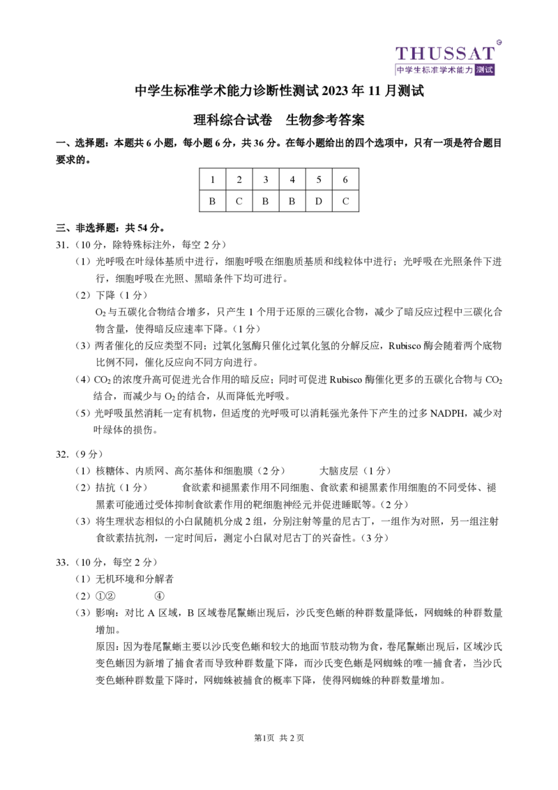 THUSSAT2023年11月诊断性测试理科综合生物答案(1)_2023年11月_0211月合集_2024届THUSSAT中学生标准学术能力诊断性测试高三上学期11月月考