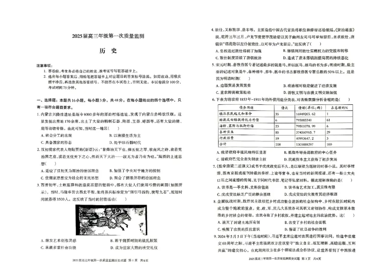 2025届内蒙古呼和浩特市高三上学期第一次质量监测历史+答案_2024-2025高三（6-6月题库）_2024年09月试卷_09012025届内蒙古呼和浩特市高三上学期第一次质量监测