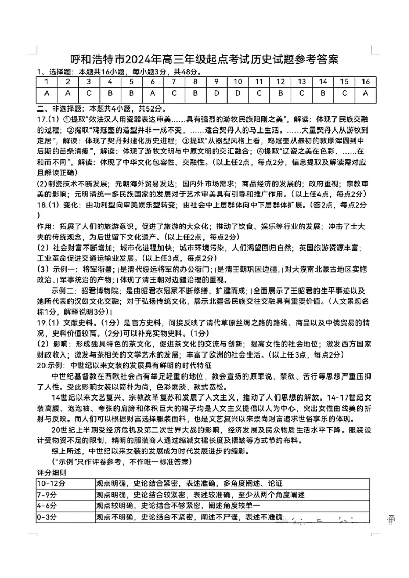 2025届内蒙古呼和浩特市高三上学期第一次质量监测历史+答案_2024-2025高三（6-6月题库）_2024年09月试卷_09012025届内蒙古呼和浩特市高三上学期第一次质量监测