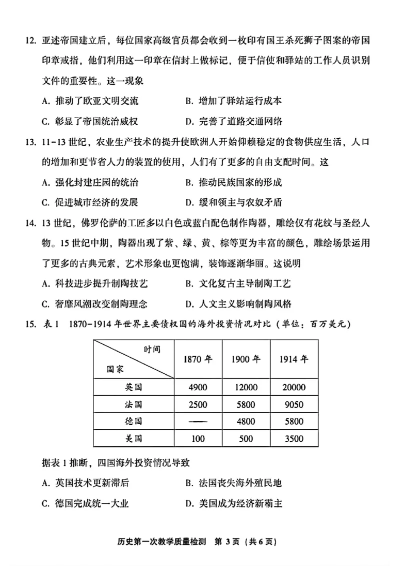 2025届福建省漳州市高中毕业班第一次质量检测（一模）历史试题+答案_2024-2025高三（6-6月题库）_2024年09月试卷_0916福建省漳州市2025届高中毕业版第一次质量检测（漳州一检）