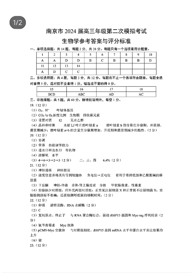 江苏省南京市2024届高三二模生物试卷+答案(1)_2024年5月_025月合集_2024届江苏省南京市高三二模