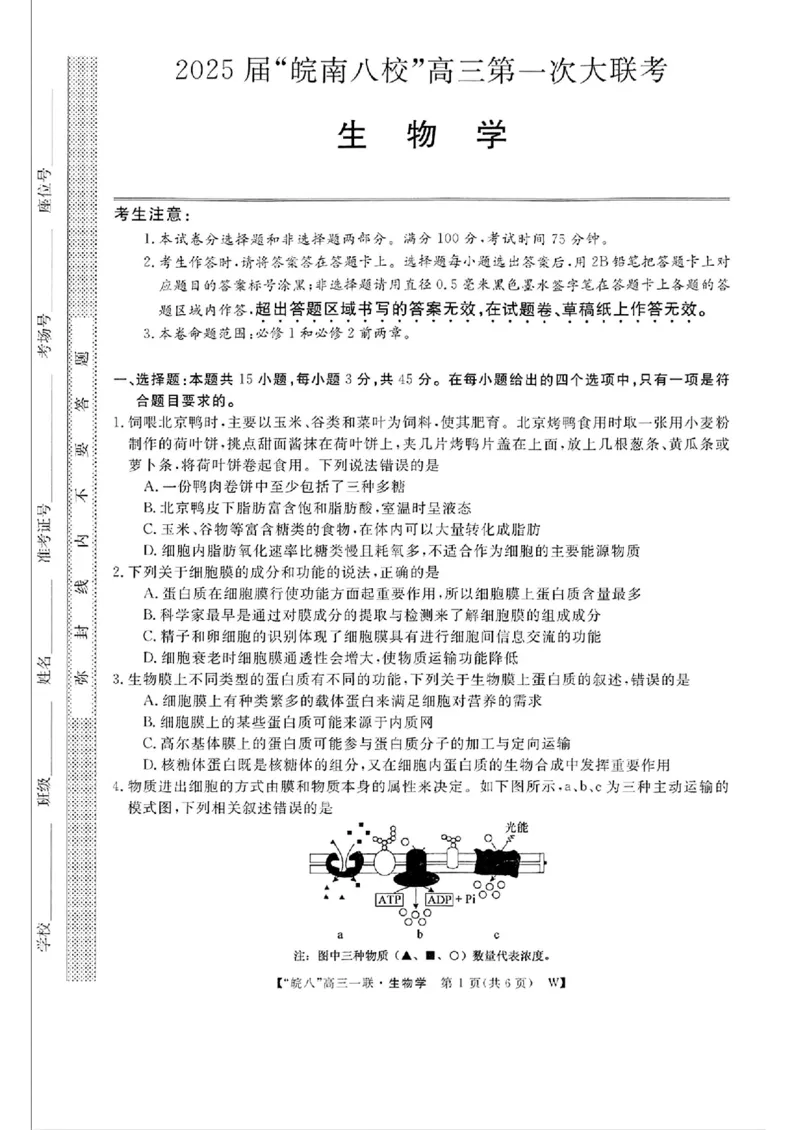 2025届皖南八校高三第一次大联考生物+答案_2024-2025高三（6-6月题库）_2024年10月试卷_1018安徽省皖南八校2025届高三第一次大联考