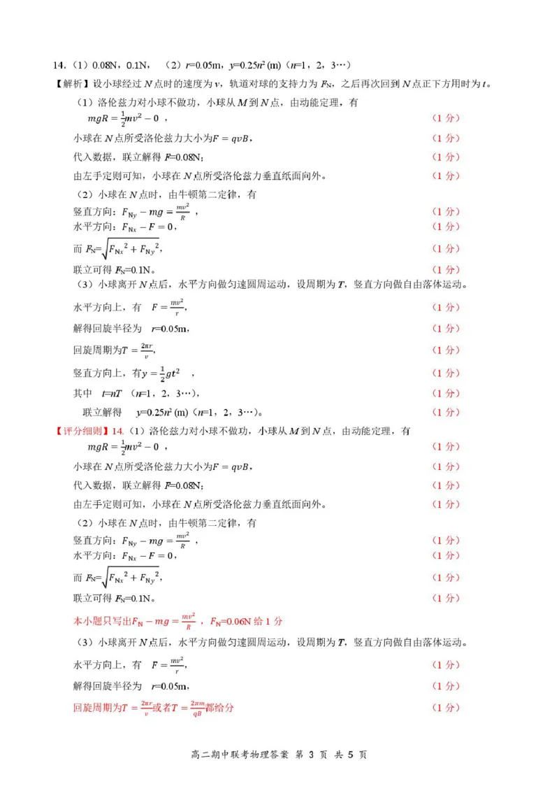 4月云学高二物理评分细则_2024-2025高二（7-7月题库）_2025年05月试卷_0501湖北省云学名校联盟2024-2025学年高二下学期4月期中联考