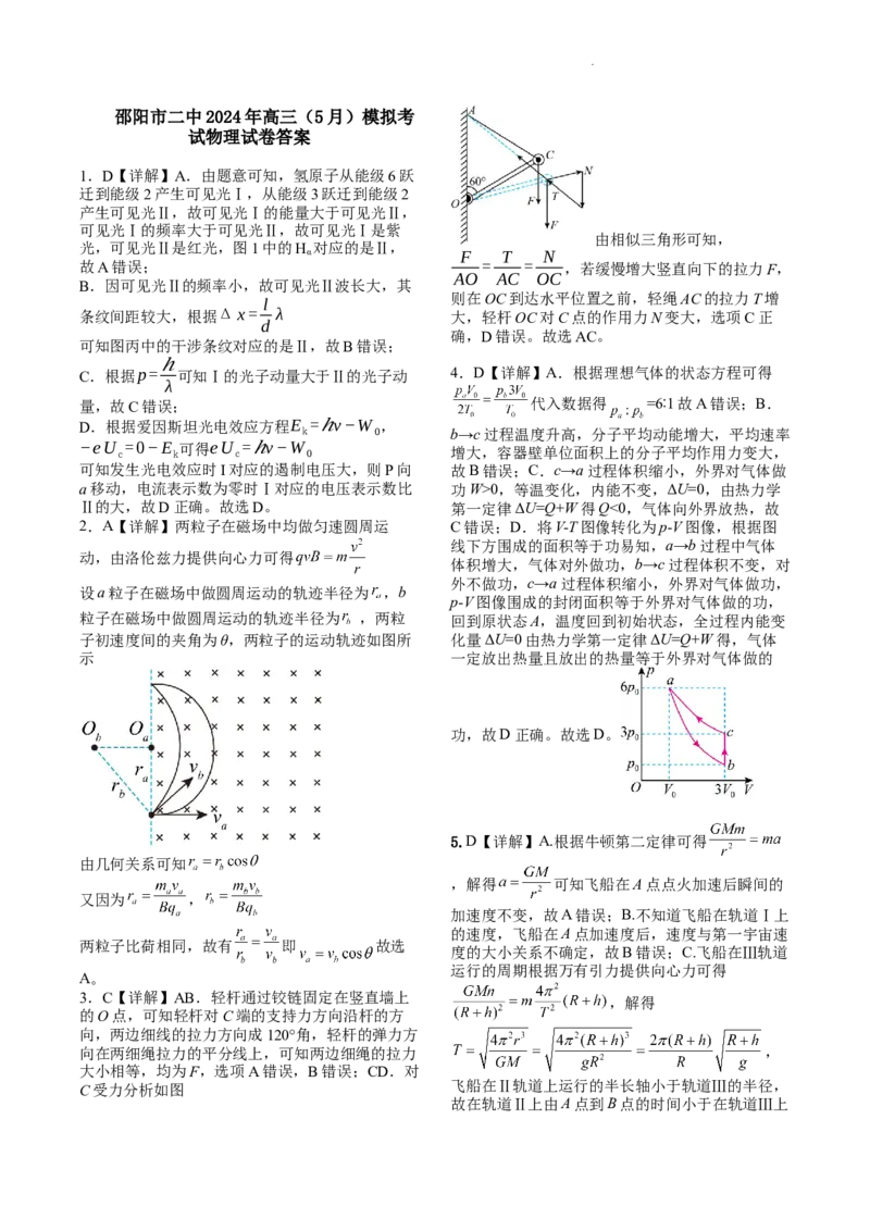湖南卷湖南省2024届湖南省邵阳市大祥区邵阳市二中2024年高三（5月）模拟考试(三模)物理试卷答案_2024年5月_01按日期_25号_2024届湖南省邵阳市二中高三5月三模