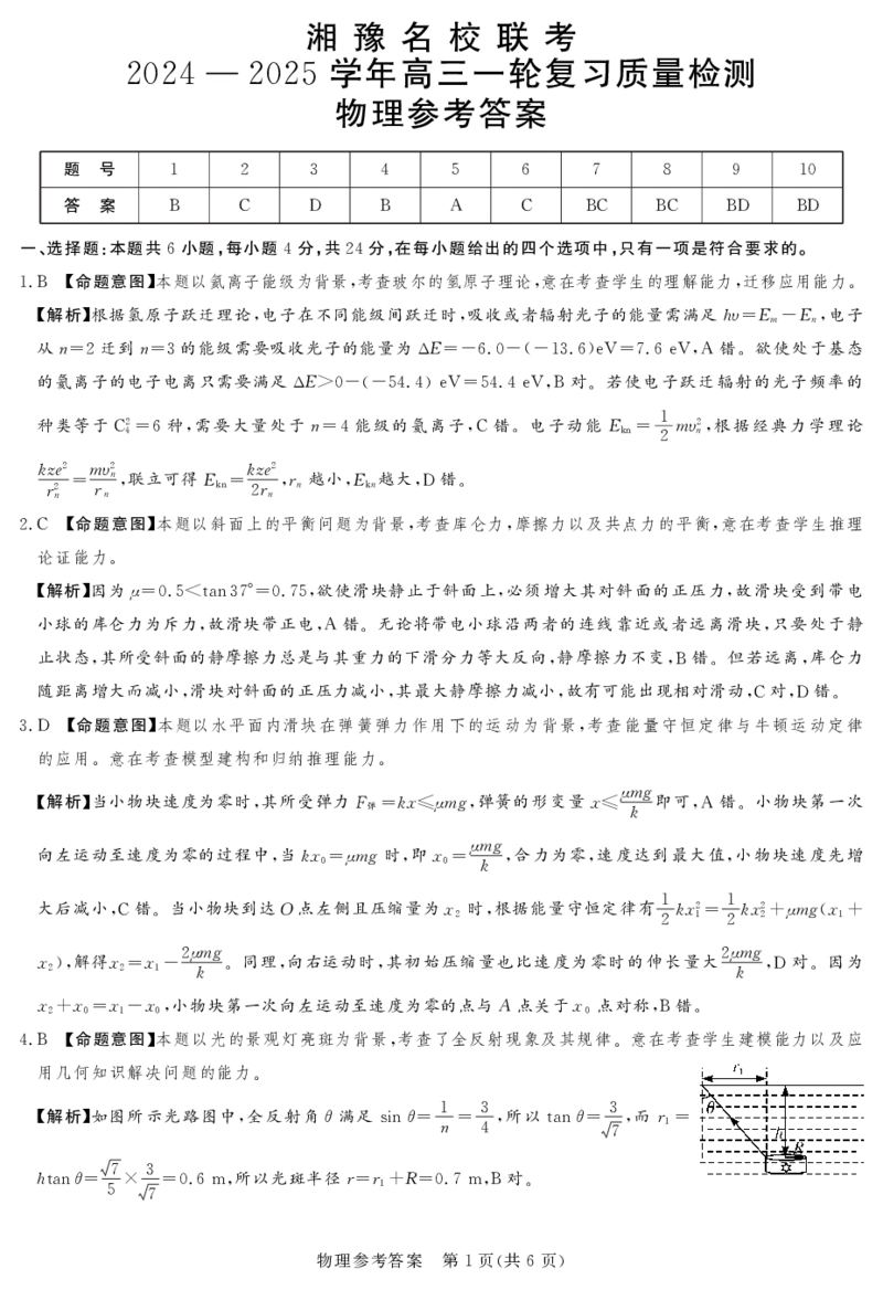 24.12高三物理参考答案及评分细则_2024-2025高三（6-6月题库）_2024年12月试卷_1229湘豫名校联考2024-2025学年高三上学期一轮复习质量检测（全科）
