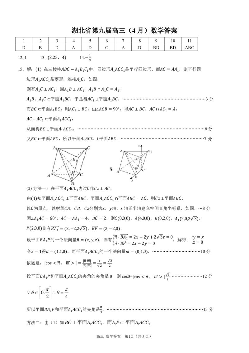 数学答案_2024年4月_01按日期_19号_2024届湖北省第九届高三下学期4月调研模拟考试_湖北省第九届2024届高三下学期4月调研模拟考试数学试卷