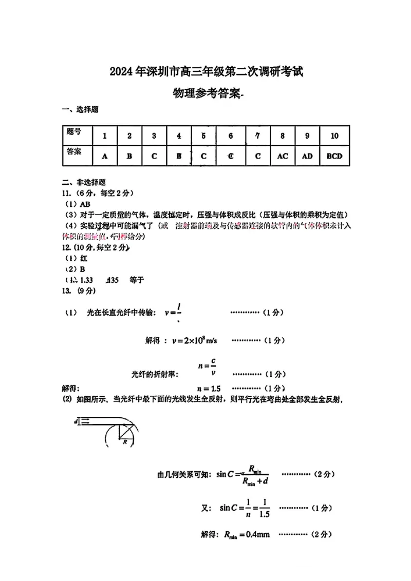 深圳二模物理答案_2024年4月_01按日期_29号_2024届广东省深圳市高三年级第二次调研考试_2024届广东省深圳市高三年级第二次调研考试物理