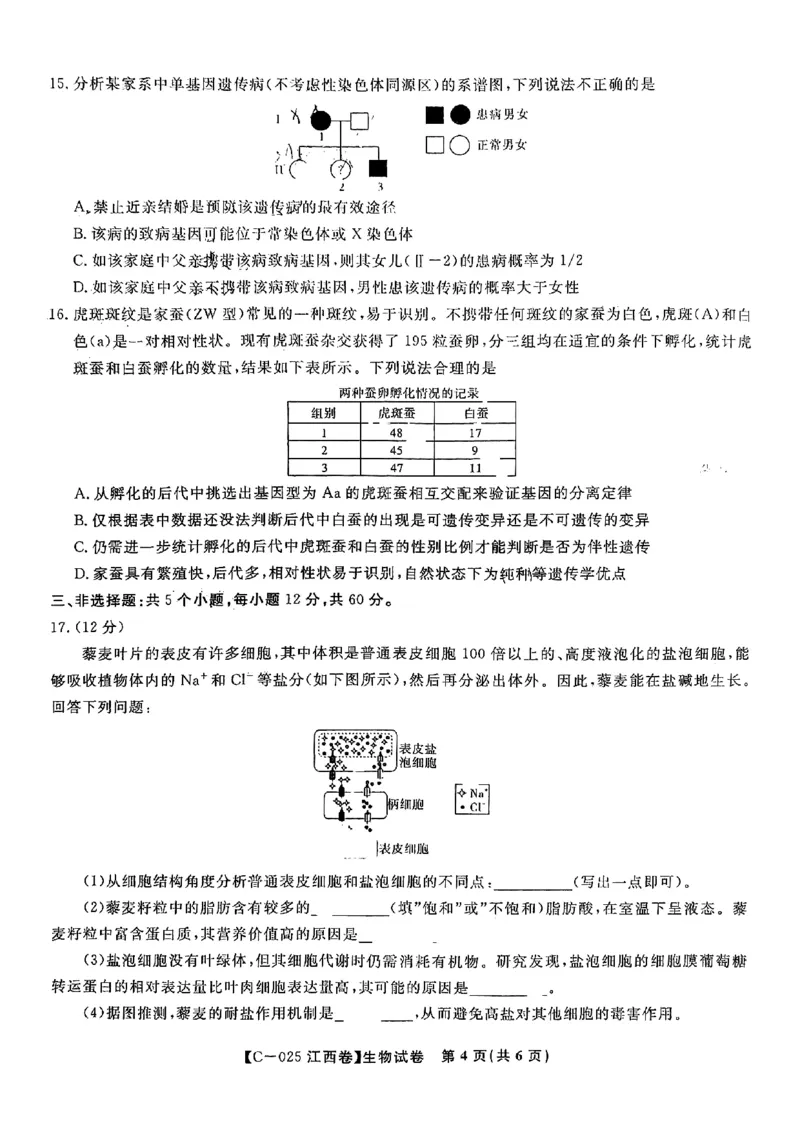2025届江西省九校联考高三上学期11月期中考试生物（含答案）_2024-2025高三（6-6月题库）_2024年11月试卷_11172025届江西省九校联考高三上学期11月期中考试（全科）