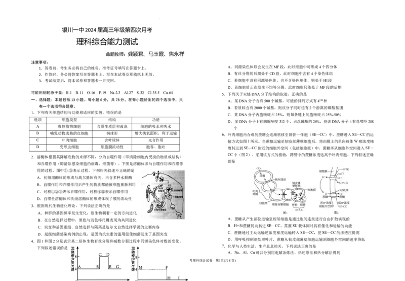 2024届高三第四次月考理综试卷(1)_2023年11月_0211月合集_2024届宁夏回族自治区银川一中高三上学期第四次月考_宁夏回族自治区银川一中2024届高三上学期第四次月考理综