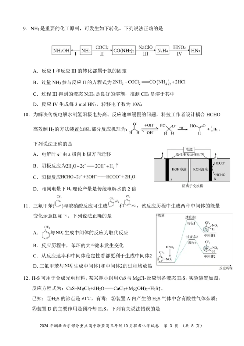 2024年湖北云学部分重点高中联盟高三年级10月联考化学试题_2024-2025高三（6-6月题库）_2024年10月试卷_10122025届湖北云学部分重点高中联盟高三年级10月联考