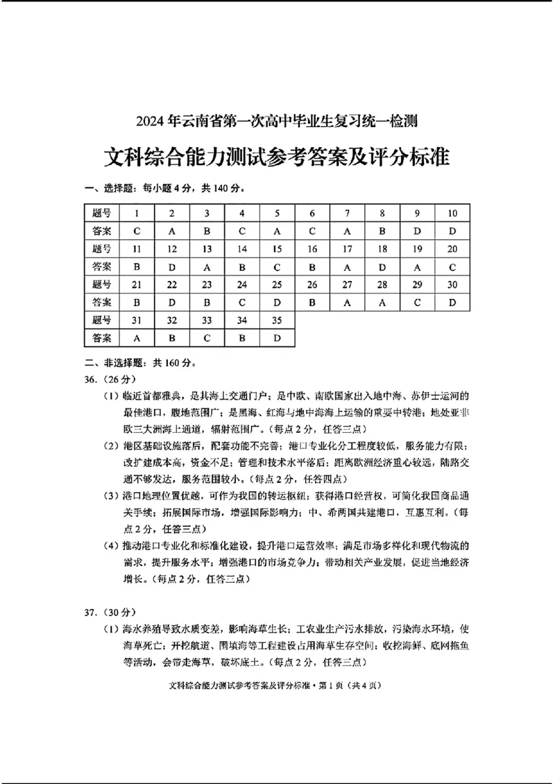 文科综合答案_2024年3月_013月合集_2024届云南省第一次高中毕业生复习统一检测_2024云南省第一次高中毕业生复习统一检测-文综