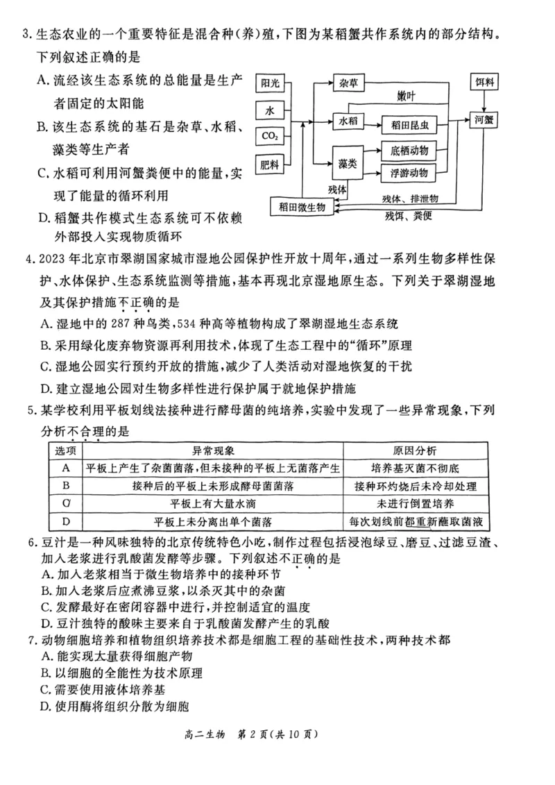 2024北京东城高二（下）期末生物试题及答案_2024-2025高三（6-6月题库）_2024年07月试卷_2407172024届北京市东城区高二（下）期末考试
