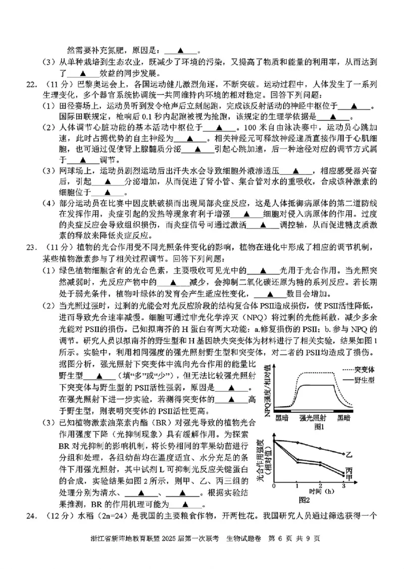 2025届浙江省新阵地联盟高三10月联考生物试题_2024-2025高三（6-6月题库）_2024年10月试卷_1010浙江省新阵地教育联盟2025届第一次联考