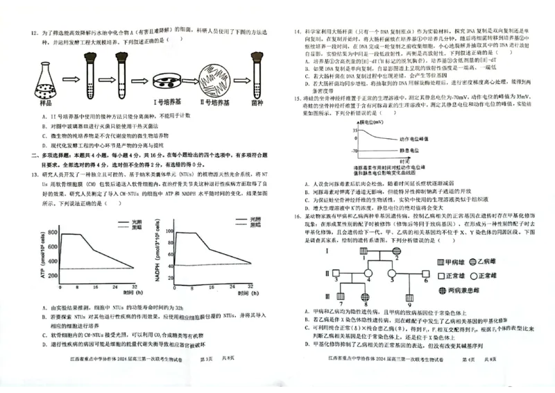 江西省重点中学协作体2024届高三第一次联考生物试卷_2024年2月_01每日更新_24号_2024届江西省重点中学协作体高三下学期第一次联考