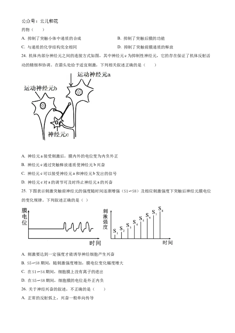北京市海淀区北京理工大学附属中学2024-2025学年高二上学期10月月考生物试题Word版无答案_2024-2025高二（7-7月题库）_2024年10月试卷