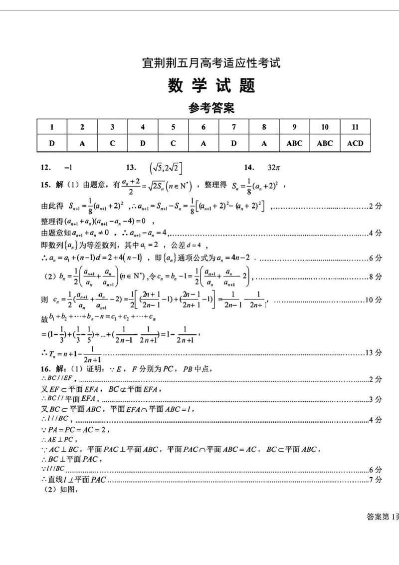 湖北省宜荆荆2024届高三下学期一模数学试题答案_2024年5月_01按日期_12号_2024届湖北省宜荆荆高三下学期五月高考适应性考试