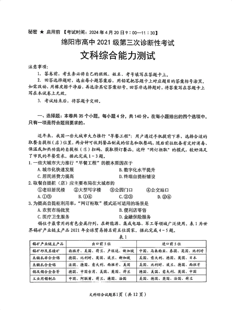 文综试卷_2024年4月_01按日期_21号_2024届四川省绵阳市高中第三次诊断性考试_四川省绵阳市高中2021级第三次诊断性考试-文科综合