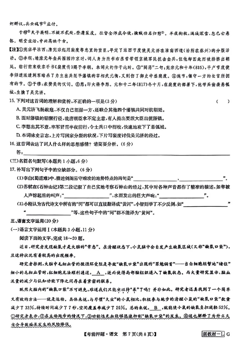 新高考卷九师联盟2024届高三年级5月考前押题试卷(5.21-5.23)语文试卷_2024年5月_01按日期_23号_2024届九师联盟高三年级5月考前押题（新高考）