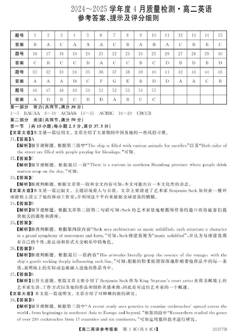 南阳4月高二联考-英语答案_2024-2025高二（7-7月题库）_2025年04月试卷(1)_0416河南省部分学校2024-2025学年高二下学期4月质量检测