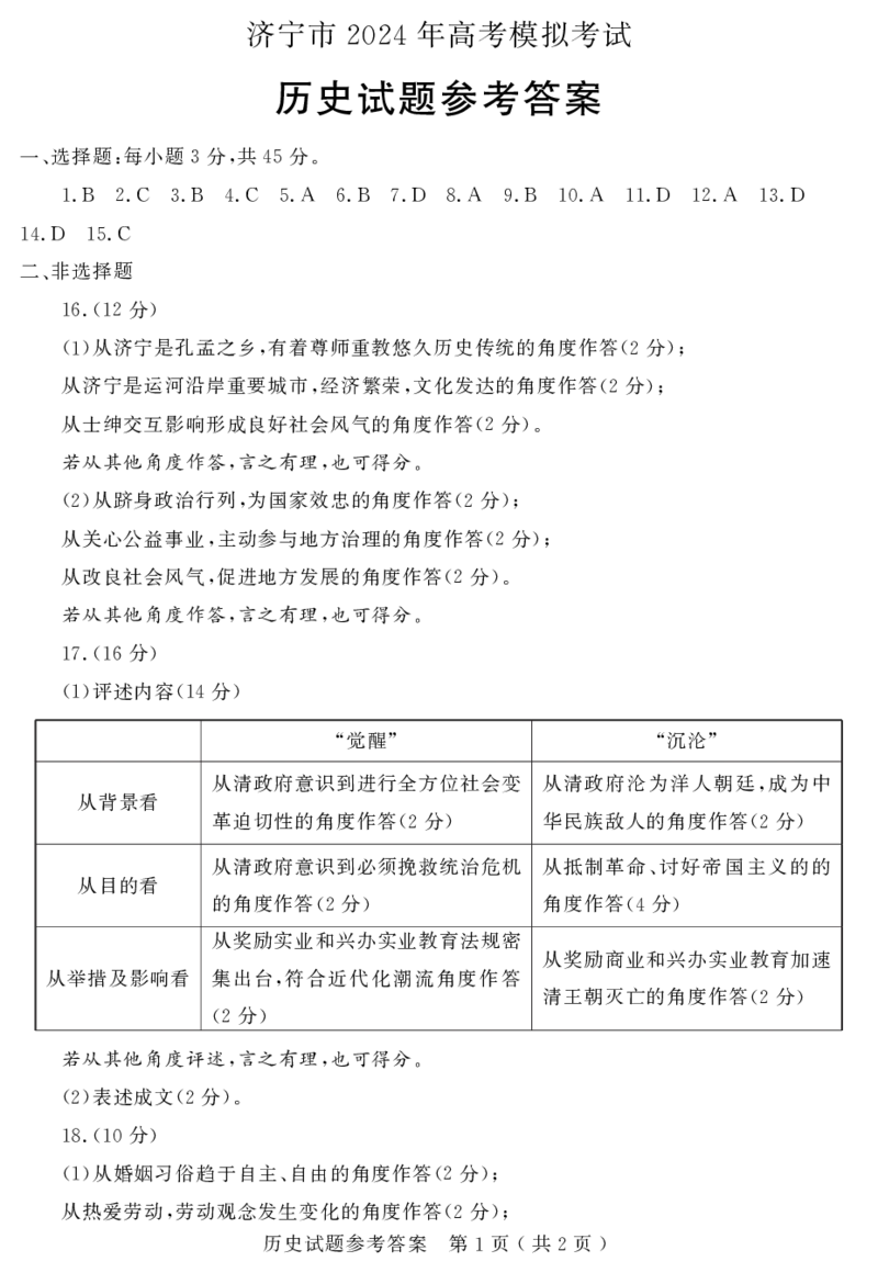 济宁市2024年高考模拟考试历史答案_2024年3月_013月合集_2024届山东省济宁市高三下学期3月一模考试_山东省济宁市2024届高三下学期3月一模考试历史PDF版含答案