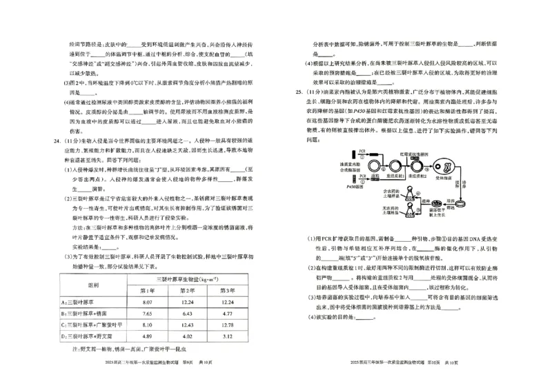 2025届内蒙古呼和浩特市高三上学期第一次质量监测生物+答案_2024-2025高三（6-6月题库）_2024年09月试卷_09012025届内蒙古呼和浩特市高三上学期第一次质量监测