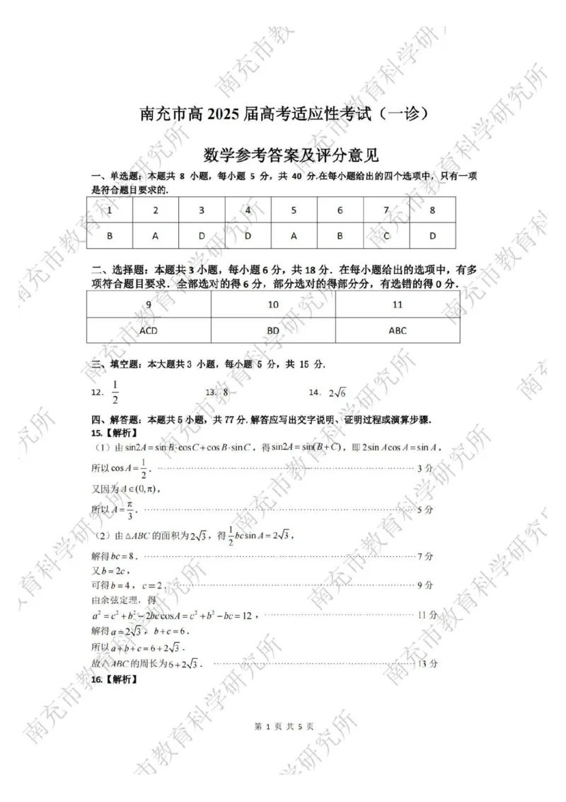 2025届四川省南充市高三第一次诊断考-数学试题+答案_2024-2025高三（6-6月题库）_2024年10月试卷_1012四川省南充市2025届高三高考适应性考试（一诊）