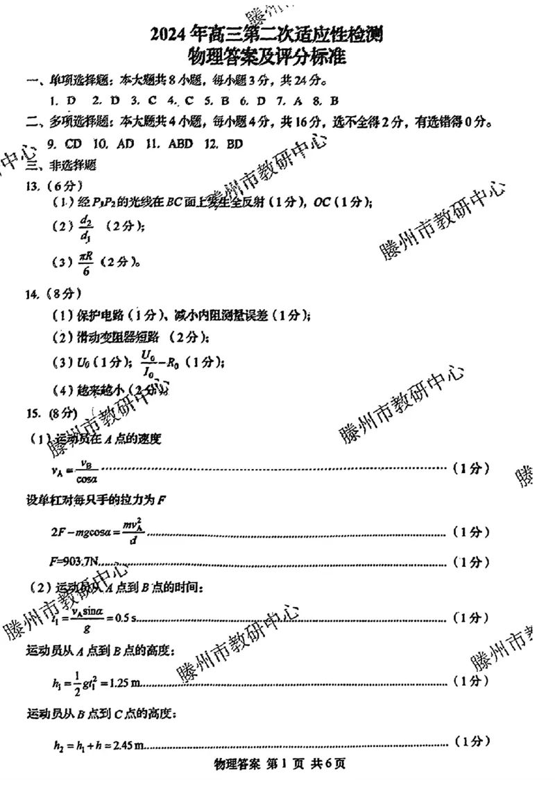 物理答案_2024年5月_01按日期_10号_2024届山东省青岛市枣庄市高三下学期5月适应性考试_2024届山东省青岛市二模、枣庄市三调高三下学期5月考试物理试题