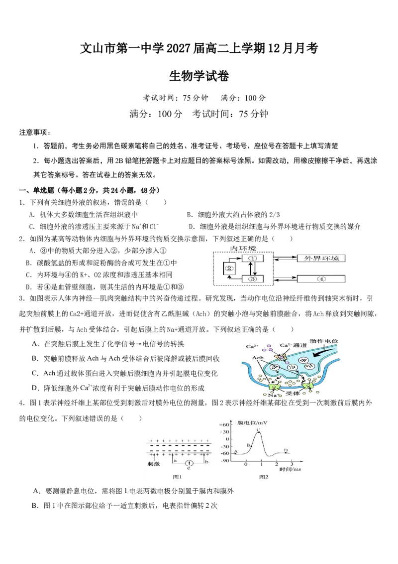 云南省文山市第一中学2025-2026学年高二上学期12月月考生物试题_2024-2025高二（7-7月题库）_2026年1月高二