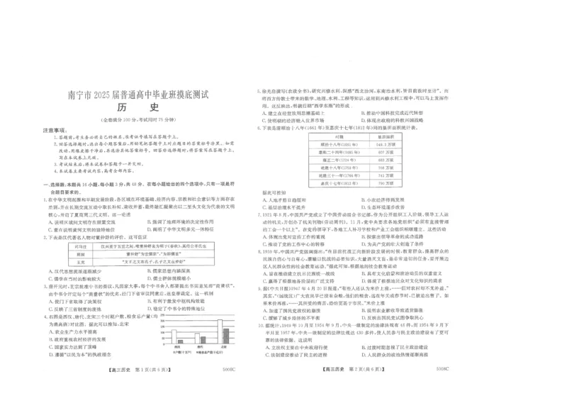 2025届广西南宁市普通高中毕业班摸底测试历史+答案_2024-2025高三（6-6月题库）_2024年09月试卷_0922广西南宁市2024-2025学年高三上学期普通高中毕业班摸底测试