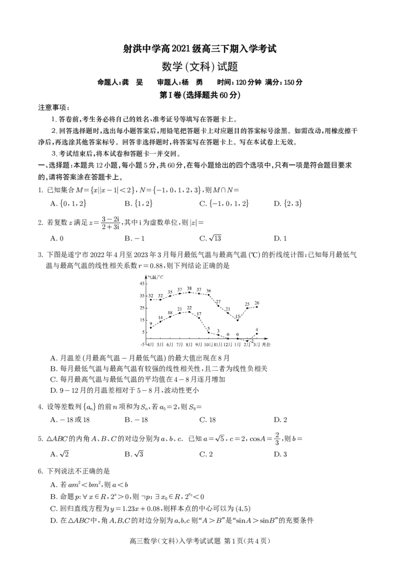数学（文）试题_2024年2月_01每日更新_29号_2024届四川省射洪中学高三下学期开学考试_四川省射洪中学2023-2024学年高三下学期开学考试数学（文）PDF版含答案（可编辑）