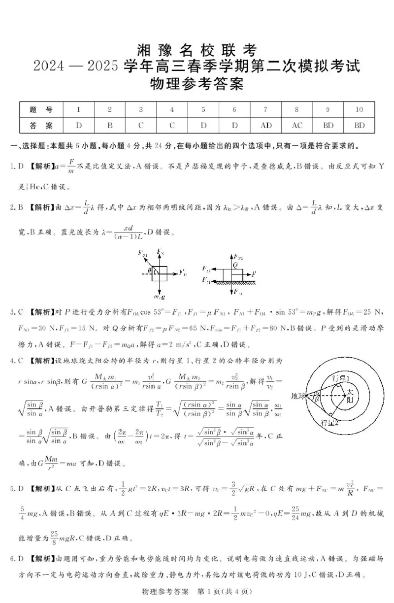 25.4湘豫联考高三物理参考答案_2024-2026高三（6-6月题库）_2025年04月试卷_0403湘豫名校联考2024-2025学年高三下学期第二次模拟考试_2025届湘豫名校联考高三下学期第二次模拟考试物理试卷